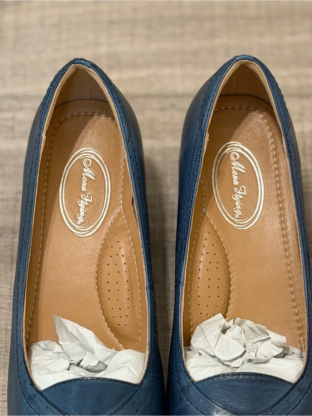 MONA FLYING - Handmade Navy Leather closed-toe Wedges